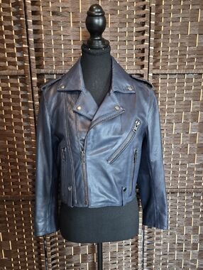 Zadig & Voltaire Cropped Leather Jacket in Deep Navy